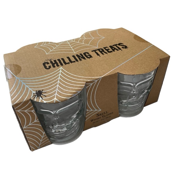 Halloween Skull Whisky Glasses Clear Set of 4 NEW - Picture 4 of 6